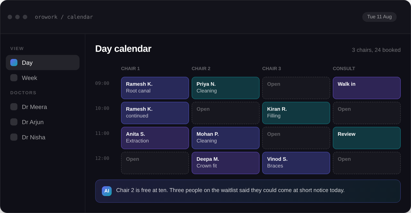 The OROwork day calendar with chairs, doctors and open slots
