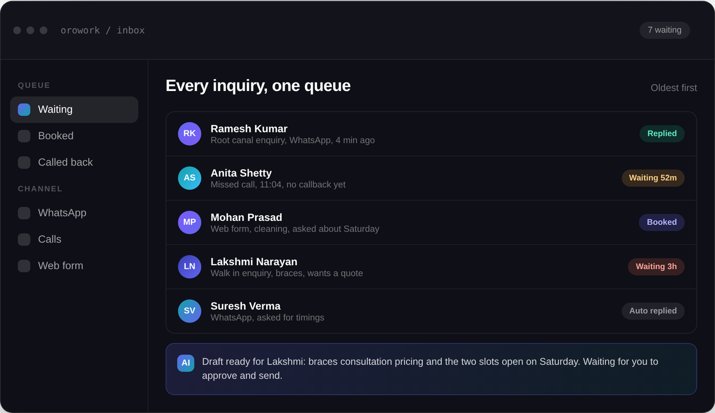The OROwork enquiry queue, with a clock on each enquiry