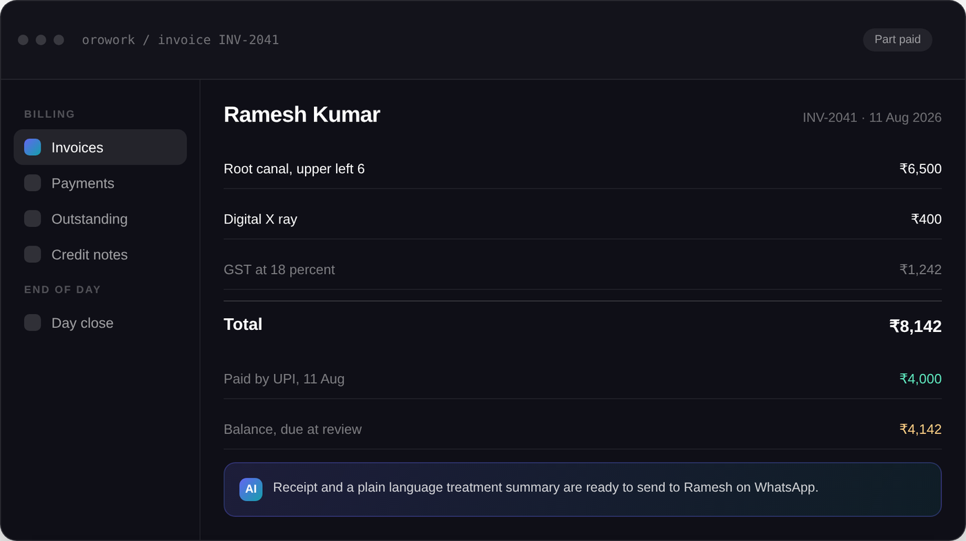 An OROwork invoice showing GST, a part payment and the remaining balance